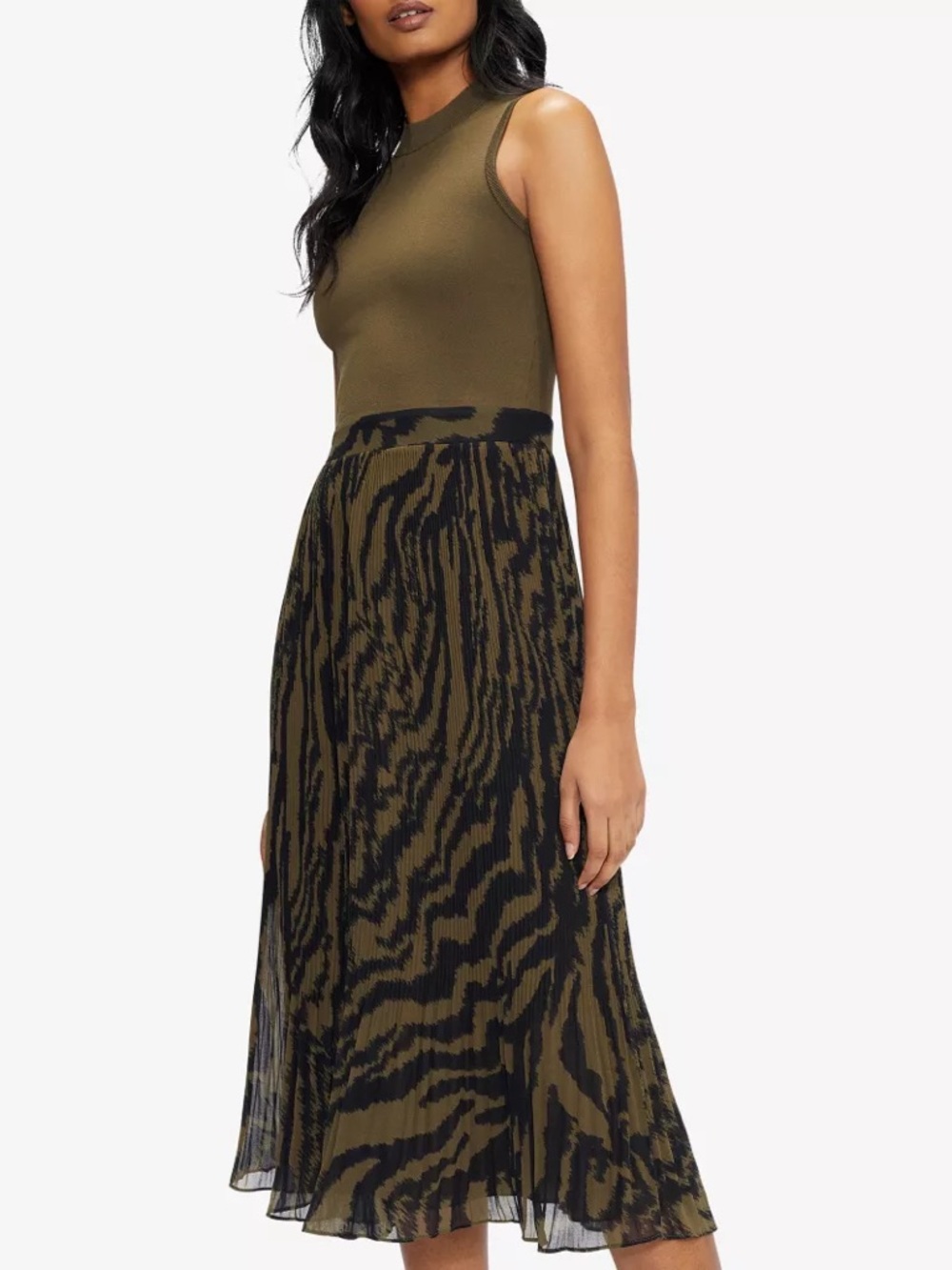 Ted Baker Justnee Pleated Mockable Midi Olive Green Dress (size 5, size 12 US)